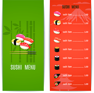 亞洲食品日本餐廳菜單設計模板與壽司矢量圖