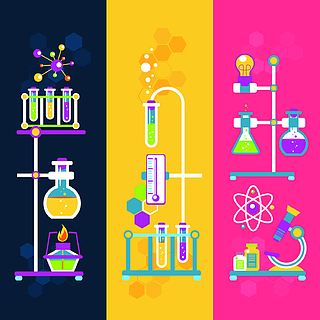 化學裝飾垂直橫幅設置與實驗室瓶管孤立的矢量圖
