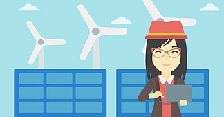 太阳能发电厂和风力场的亚裔女工研究在太阳能发电厂和风轮机背景的膝上型计算机的妇女矢量平面设计插画水平的布局检查太阳能电池板和风力涡轮机的女人