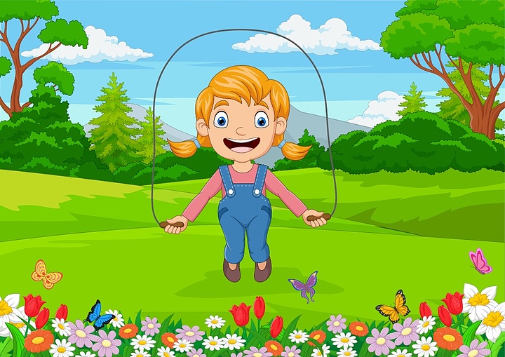 576卡通小女孩在公园里玩跳绳579214白种人农场男孩和女孩拿着鸡和