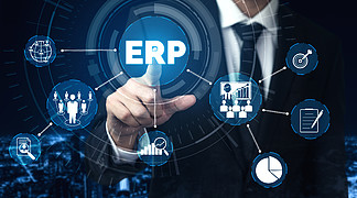企业资源管理ERP软件系统用于业务资源计<i>划</i>，以现代图形界面呈现，显示了管理公??司企业资源的未来技术