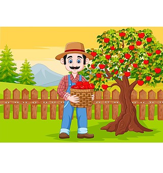 卡通男农民在农场举行苹果篮