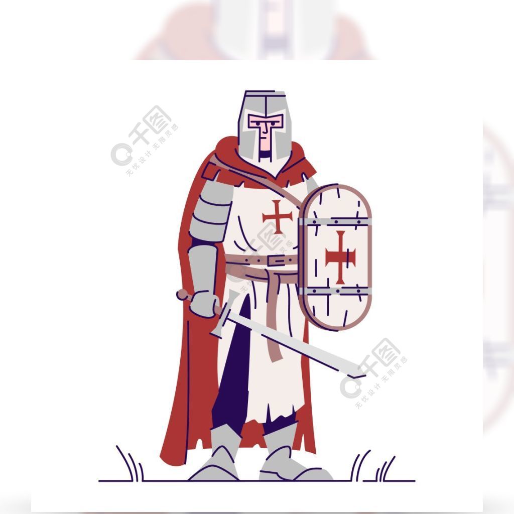 机隔绝了与概述元素的漫画人物在白色背景中世纪的十字军剑客童话战士