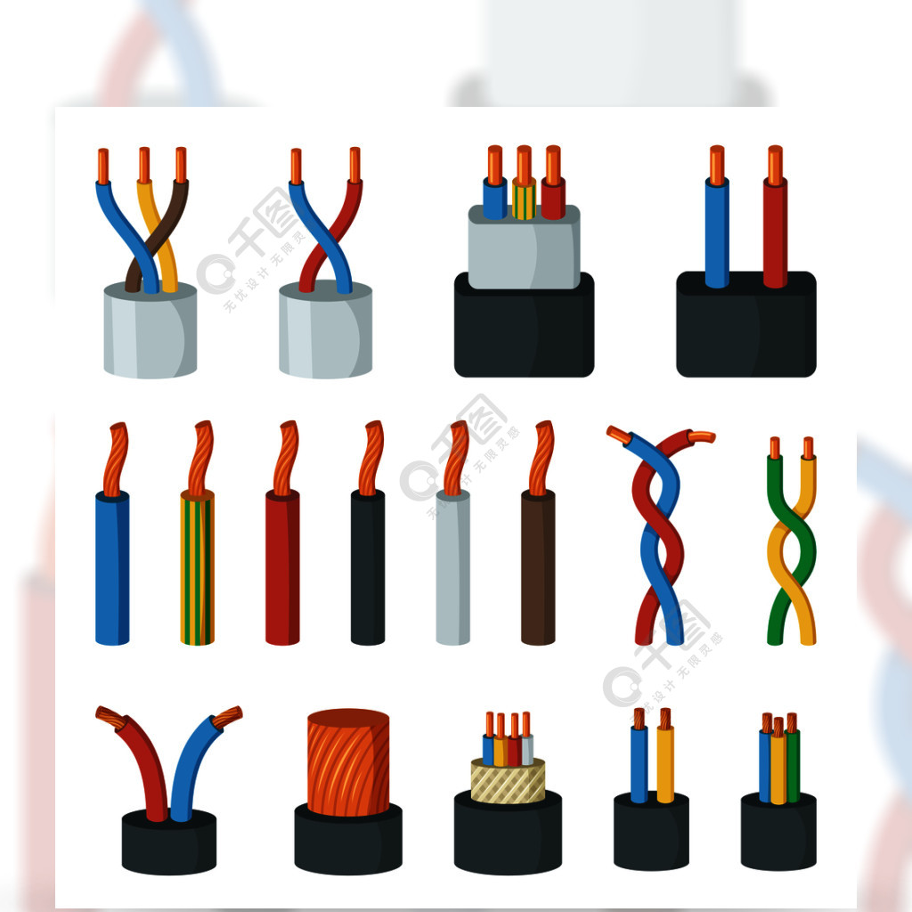 電纜電線,不同的安培數和顏色卡通風格的矢量插圖為網絡和電力著色的