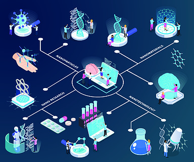 圖科學家和在黑暗的梯度背景的物質創作導航例證納米技術等距流程圖