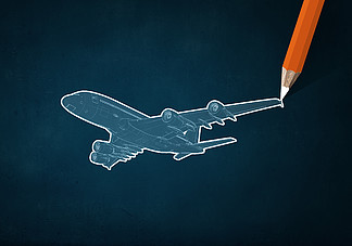 飞机设计飞机在彩色背景上的铅笔素描画