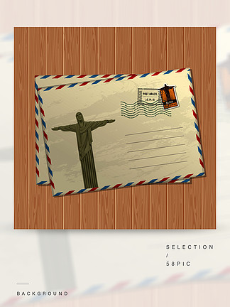 导航与耶稣基督，巴西的标记和邮票雕象的葡萄酒样式文本的信件和文本木<i>纹</i><i>理</i><i>背</i>景例证的矢量与耶稣基督雕像的复古风格字母