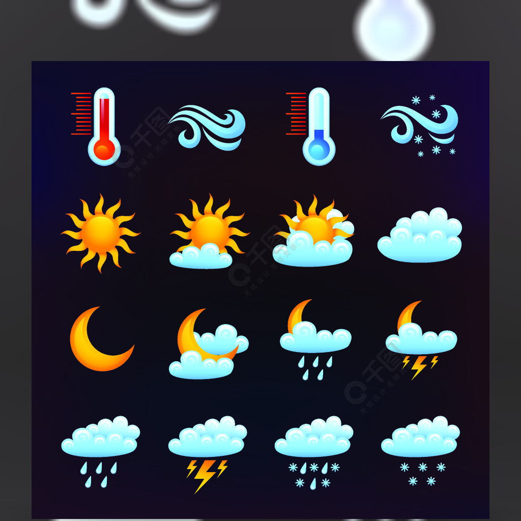 天氣預報裝飾圖標設置在黑暗的背景中,孤立的矢量圖1年前發佈