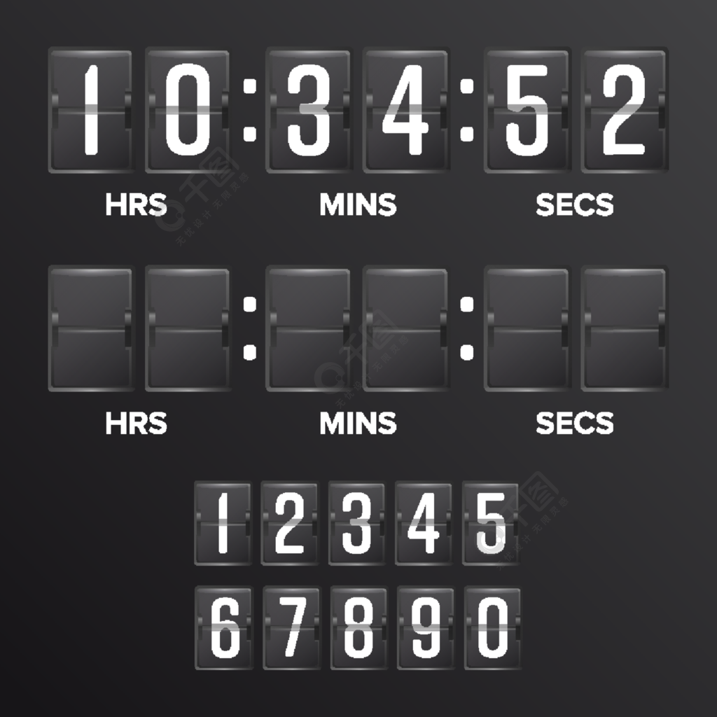 翻轉倒計時計時器向量模擬黑色記分牌數字計時器空白小時,分鐘,秒時間