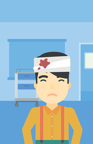 有绷带的一个亚裔人在他的头有一个被包扎的头的哀伤的人在医疗办公室