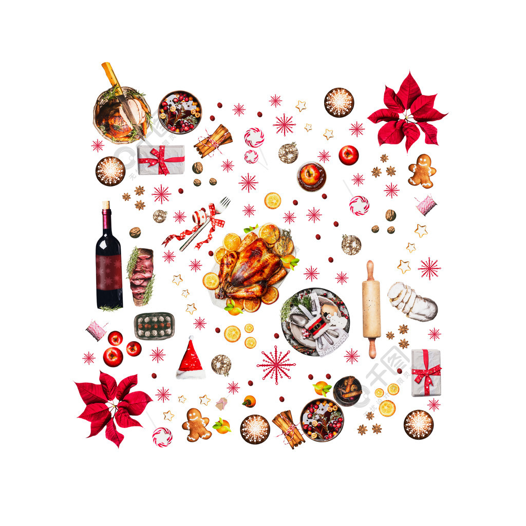各种各样的圣诞节食物和红色装饰圣诞晚餐的被隔绝的对象构图模式