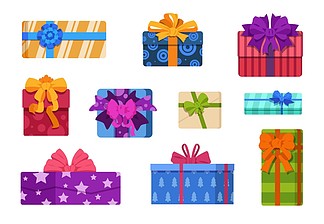卡通礼品盒被包裹的生日和圣诞节聚会礼物用五颜六色的弓和丝带方形的惊奇包裹为在白色的假日隔绝了<i>背</i>景矢量新年庆祝活动集卡通礼品盒被包裹的生日和圣诞节聚会礼物用五颜六色的弓和丝带在白色的方形假日包裹隔绝了<i>背</i>