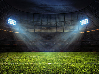 炫耀概念背景-有泛光灯的足球footbal体育场草与标记的橄榄球球场和与网的足球目标足球足球场与泛光灯