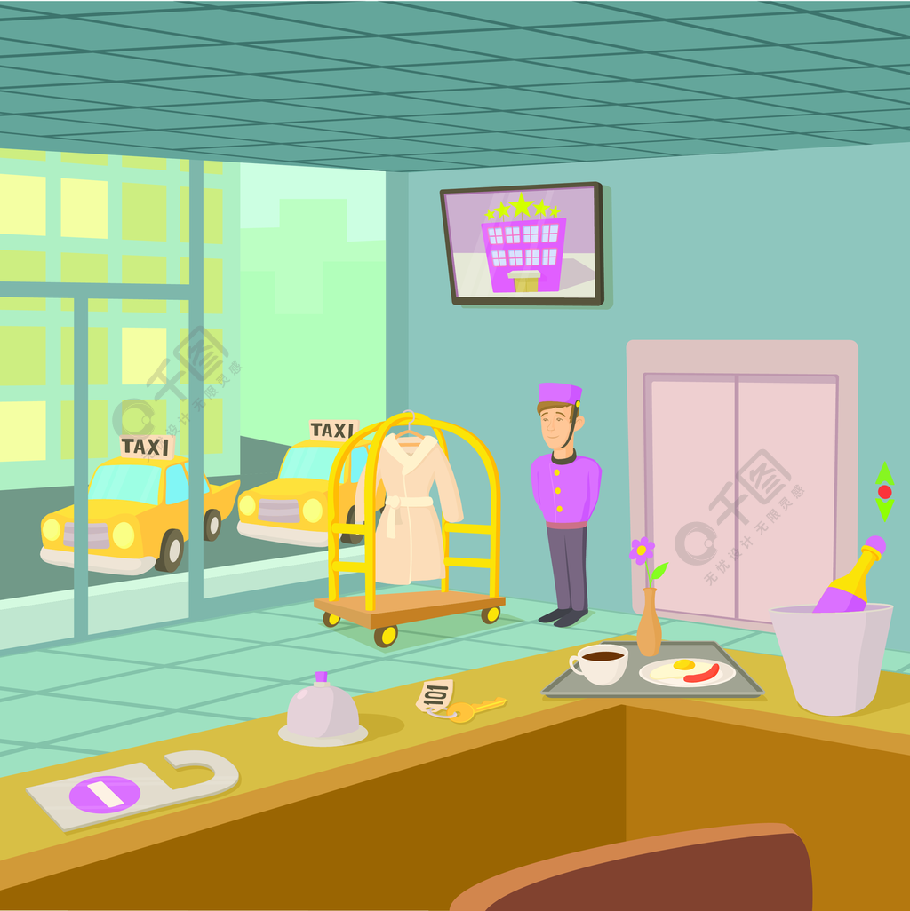 概念旅馆招待会网的传染媒介概念的动画片例证酒店接待概念,卡通风格