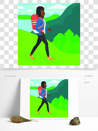 有远足在山的背包的一名非裔美国<i>人</i>的妇女导航平的设计例证方形布局有背包徒步旅行的女<i>人</i>