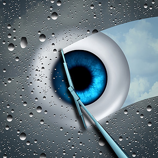 眼睛关心或eyecare健康概念作为在被清洗干净与刮水器的眼珠前面的一块湿玻璃作为与3D例证元素的视力测<i>定</i>或眼科学医学标志