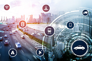未来汽车在道路上行驶的智能运输技术概念虚拟智能系统对城<i>市</i>街道上的车辆数据进行数字信息分析未来创新