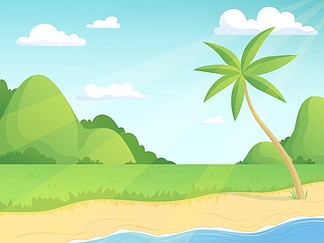 夏天风景青山棕榈树和海边与草和水简单的户外插画矢量卡通背景绿色棕榈和草风景的例证夏天风景绿色的山丘棕榈树和海边的草和水简单的户外插画矢量卡通背景