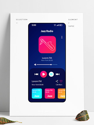 爵士樂收音機智能手機界面矢量模板手機音樂播放器應用程序頁面黑色