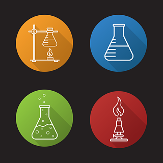 化学反应,实验室燃烧器,环架,带液体的烧瓶矢量线符号学校化学实验室