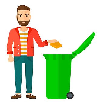 一个留着胡子,把垃圾扔进绿色垃圾桶矢量平面设计插画孤立在白色背景