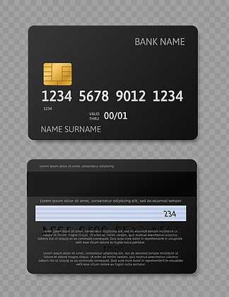 黑色信用卡现实的信用卡借记卡与芯片，正面和背面的样机，银行交易矢量分离的模板黑色信用卡现实的信用卡借记卡，芯片，正面和背面的样机，银行交易矢量模板