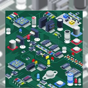 等距電路板組成半導體電子電路板等距背景與電解電容器處理器和安裝在