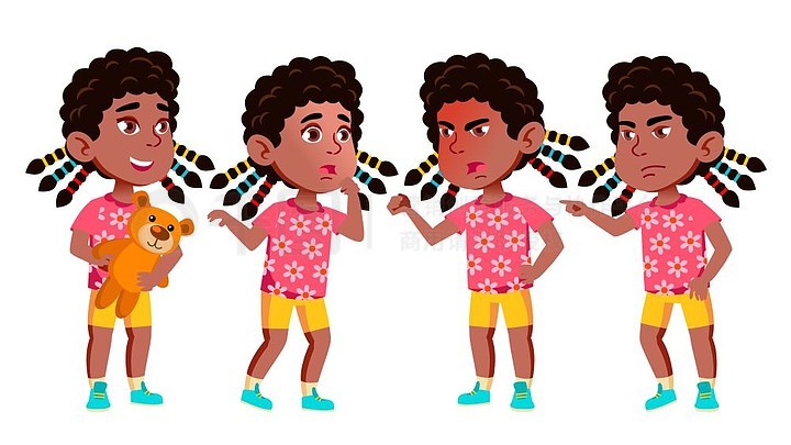 女孩幼儿园孩子姿势设置矢量黑色美国黑人友好的小孩们可爱,漫画对于