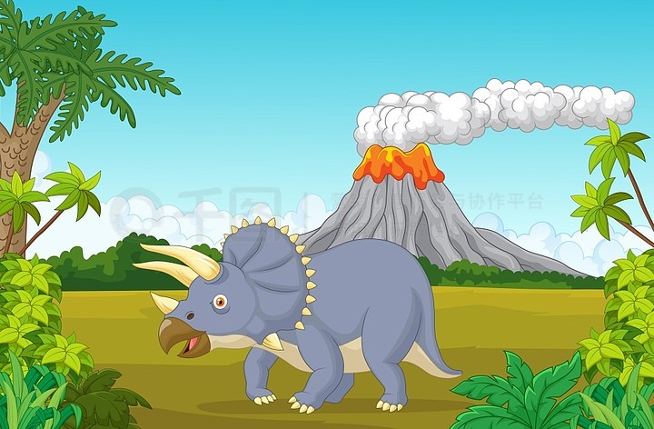 史前的场景与三角恐龙卡通和火山