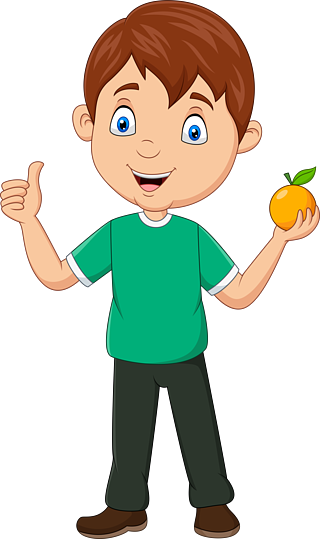 卡通小男孩抱着橙色的水果和放弃竖起大拇指