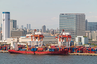 大集装箱的船物品的货物堆在东京<i>日</i><i>本</i>东京海湾港码头码头港口等待国际海货运进出口