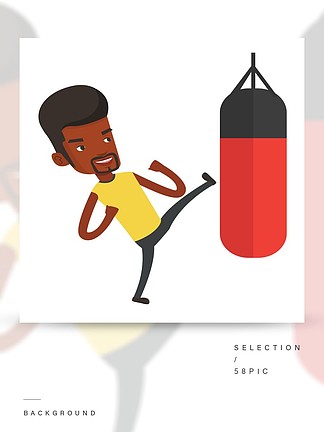 行使与拳击袋的非裔美国人的拳击手拳击手在训练过程中打沉重的袋子与<i>沙</i>袋的年轻拳击手训练孤立在白色背景上的矢量平面设计插画行使与出气筒的人