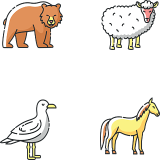 野生动植物和农场牲畜孤立的矢量插图家养和野生动物rgb颜色图标集