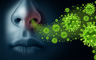 流感概念和季节<i>性</i>流感病毒的<i>传</i>播是由具有人类发烧症状的<i>传</i><i>染</i><i>性</i>微生物引起的，这种人的症状会感<i>染</i>鼻子和喉咙，是致命的微观细胞，带有3d插图元素