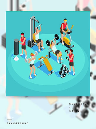 健身房等距模板与人和<i>运</i><i>动</i>器材的健身房等距模板在蓝色背景矢量图上的多彩风格
