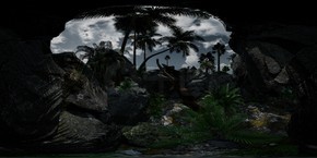 在丛林中的热带洞穴内的vr 360相机，棕榈树和阳光准备在虚拟现实中使用在丛林中的热带洞穴内的vr 360相机，棕榈树和阳光虚拟现实