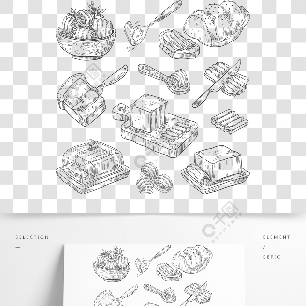 手繪黃油速寫早餐烹飪成分繪製的組成與麵包和黃油矢量