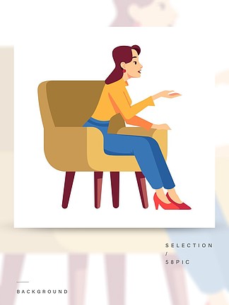 扶<i>手</i>椅子半平RGB颜色矢量图的女人打<i>手</i>势的女孩谈话和参加谈话的人对话者白色背景上的孤立的卡通人物