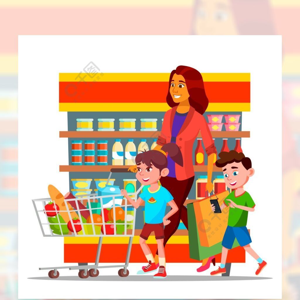 卡通家庭购物在杂货店购物中心超市买家背着包图纸妈妈和孩子们买食物