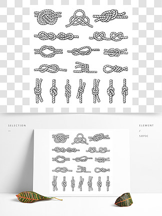 不同的航海結和節點的插圖繩索的圖標集手繪圖片隔離在白色海洋繩結