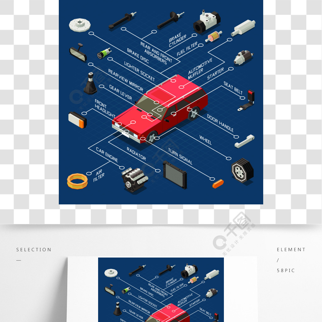 汽车维修流程图与燃油滤清器和汽车发动机等距矢量图