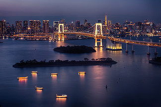 与东京铁塔和彩虹桥的东京地<i>平</i><i>线</i>在晚上在东京，日本在晚上在日本东京塔与彩虹桥的东京天际<i>线</i>