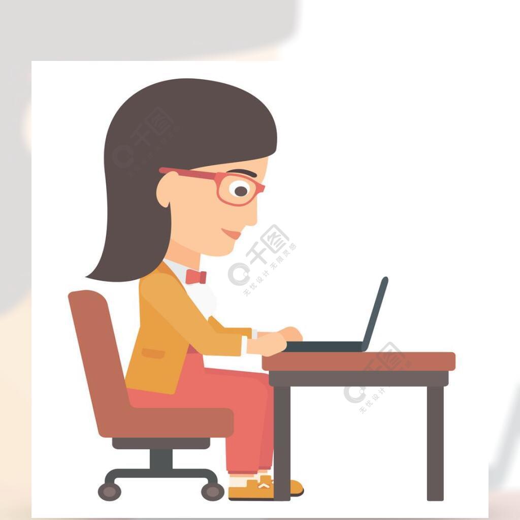 工作在白色背景隔绝的传染媒介平的设计例证在笔记本电脑工作的女人