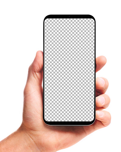 男手拿着无边框智能手机与空白的透明屏幕,在白色背景上隔离屏幕被