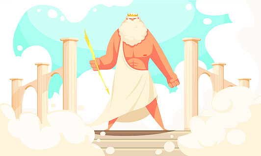 希腊古代神平卡通形象的强大的神话宙斯杰出人物在万神殿背景矢量图