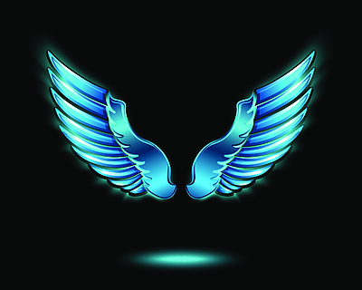 蓝色发光的天使的翅膀与金属光泽和阴影符号矢量图