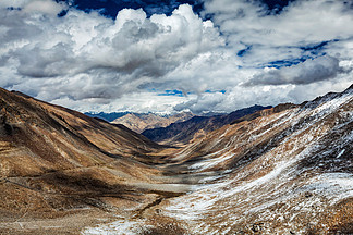山谷和喀喇昆仑山脉在地<i>平</i><i>线</i>上喀登拉山口（Khardung La Pass）的风景-据说是世界上最高的机动通行证（5602 m）印度拉达克拉达克山（Khardung La Pass）的山谷和喀喇昆仑山脉