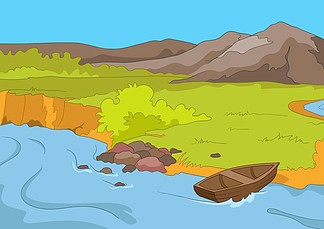 与湖泊和山脉在背景恐龙公园卡通海报矢量图上231748夏季景观与树木