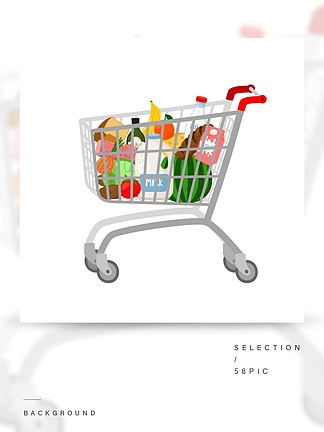 在白色的杂货购物车充分的超级市场食物篮子传染媒介例证，有被隔绝的杂货物品的商店推车杂货店购物车
