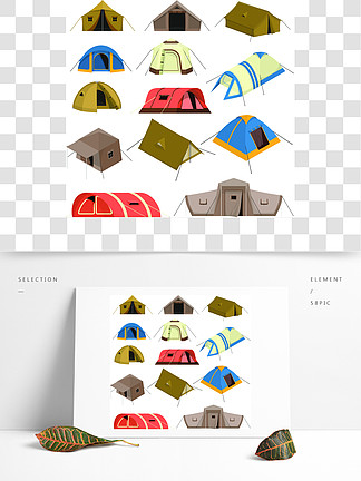 多彩的旅游帐篷套各种设计与天幕窗户和绳索的多彩旅游帐篷一套孤立的矢量图